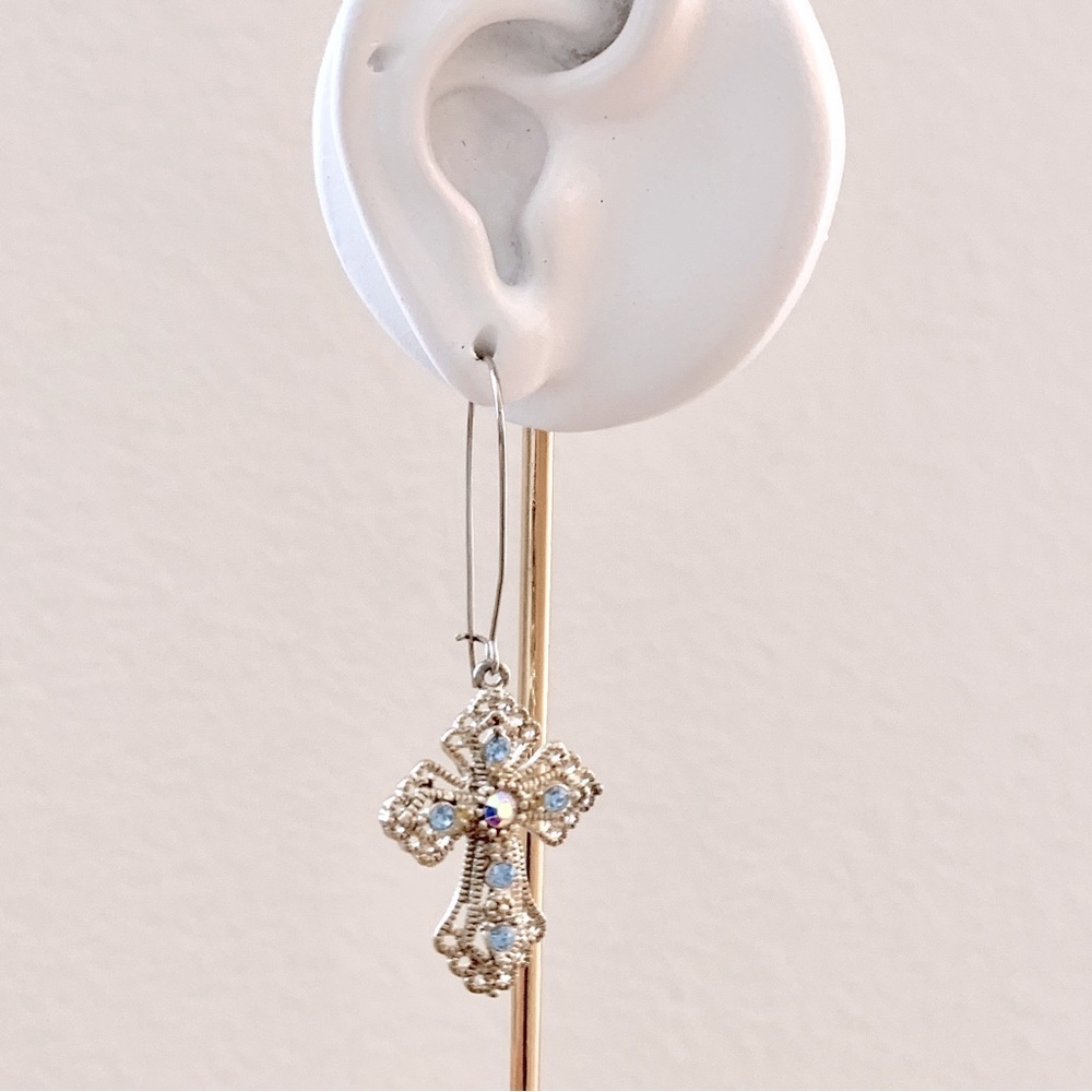 Sterling Silver Cross Statement Earrings With Blu… - image 2